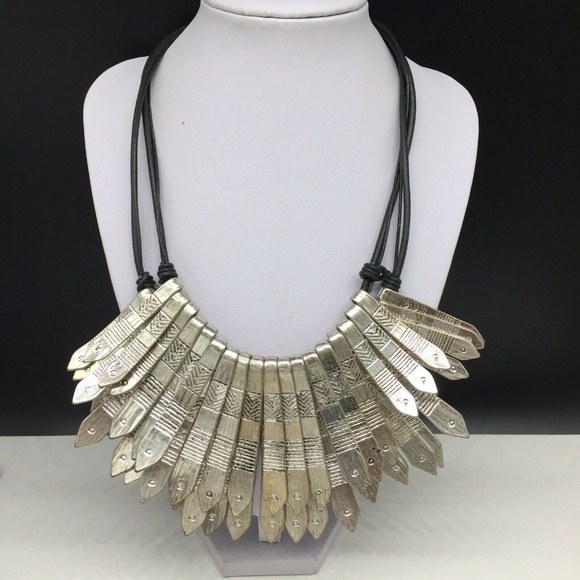 Chico's Jewelry - Chico’s Black Leather Silver Fringe Boho Necklace